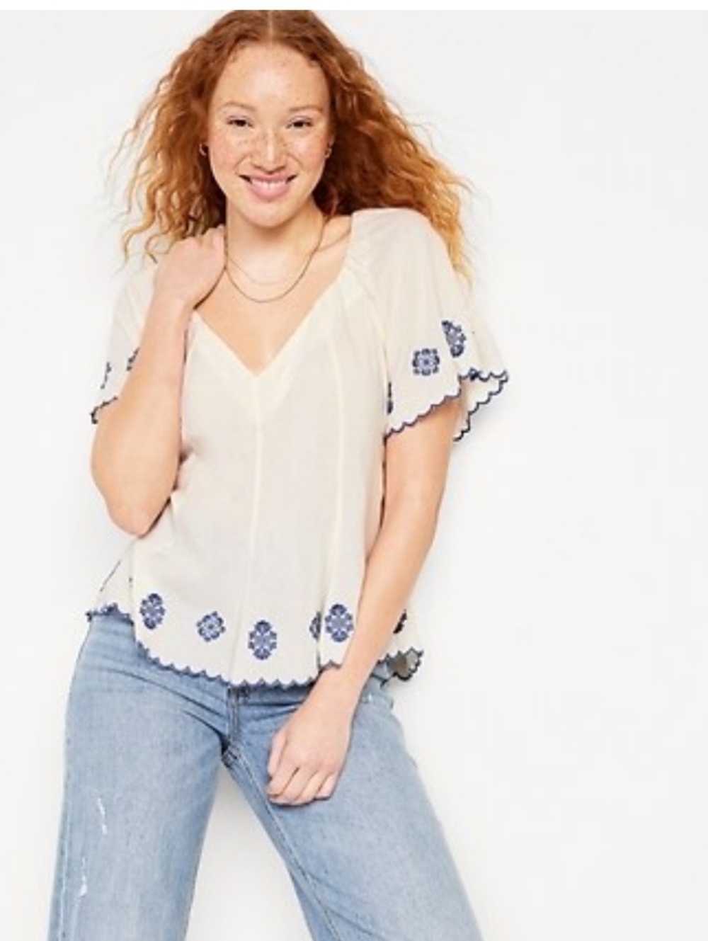 Old Navy Embroidered Top Ivory With Blue Embroidery Size XL